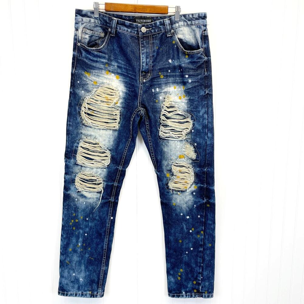 Victorious Premium Denim Mens 38x32 Jeans Distressed‎ Pain Splatter Grunge